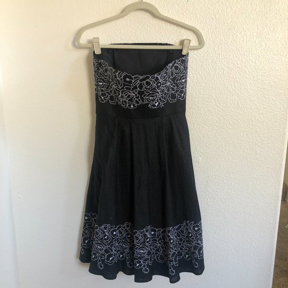 Ann Taylor LOFT Black Linen Floral Embroidered Strapless A-Line Dress 4 - Picture 2 of 6